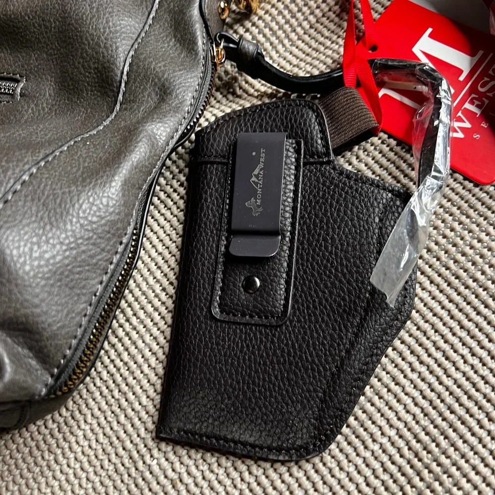 Montana West Select Concealed Carry Hobo Bag Gray Studded Vegan Leather Holster